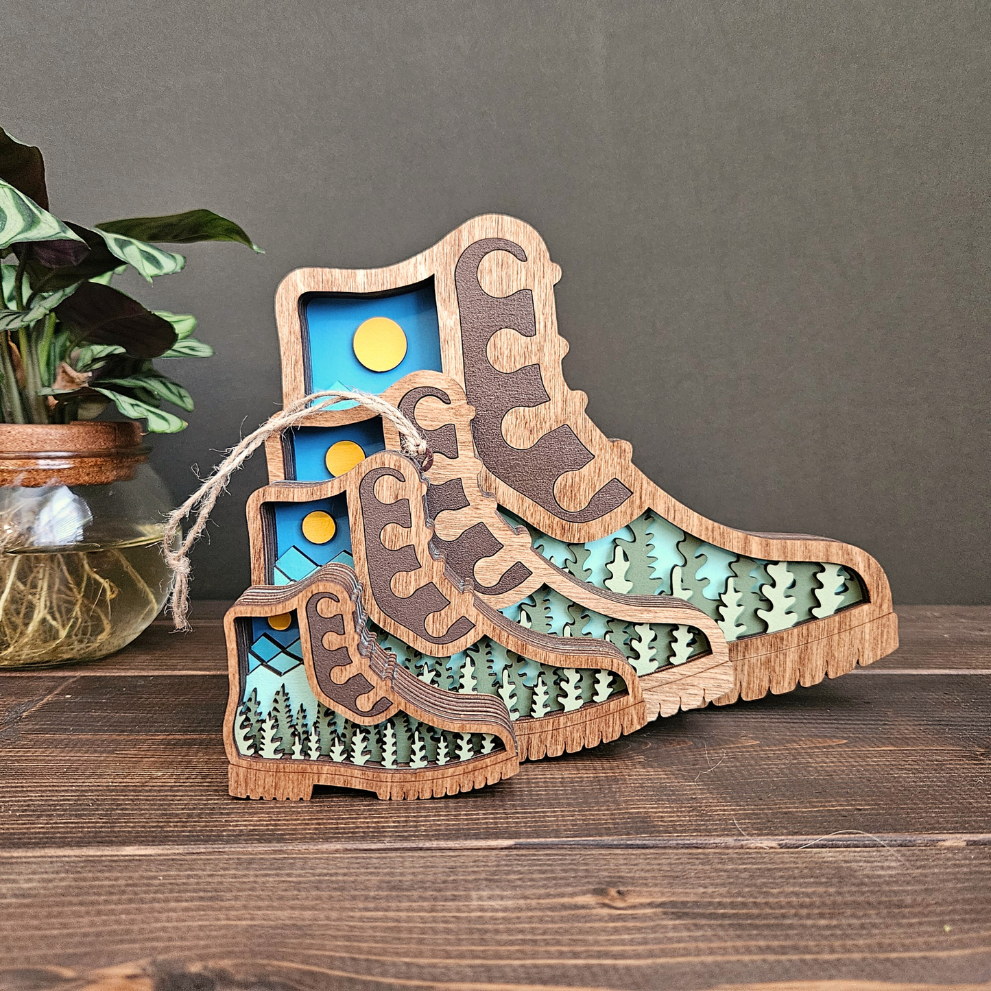 3D Layered Hiking Boot Art with Mountains & Trees