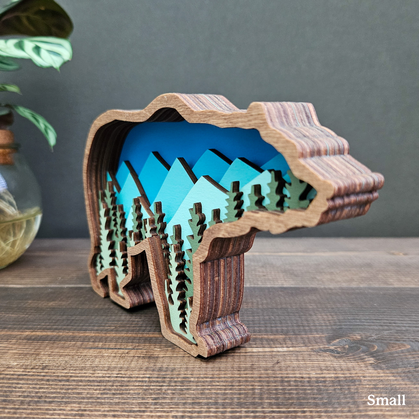3D Layered Wood Grizzly Bear Art With Mountain and Forest Landscape