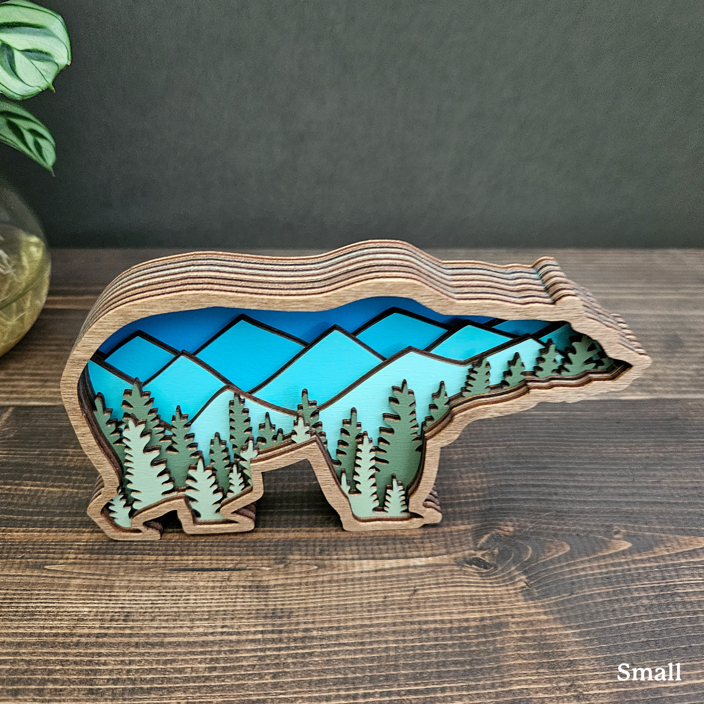 3D Layered Wood Grizzly Bear Art With Mountain and Forest Landscape