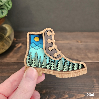 3D Layered Hiking Boot Art with Mountains & Trees