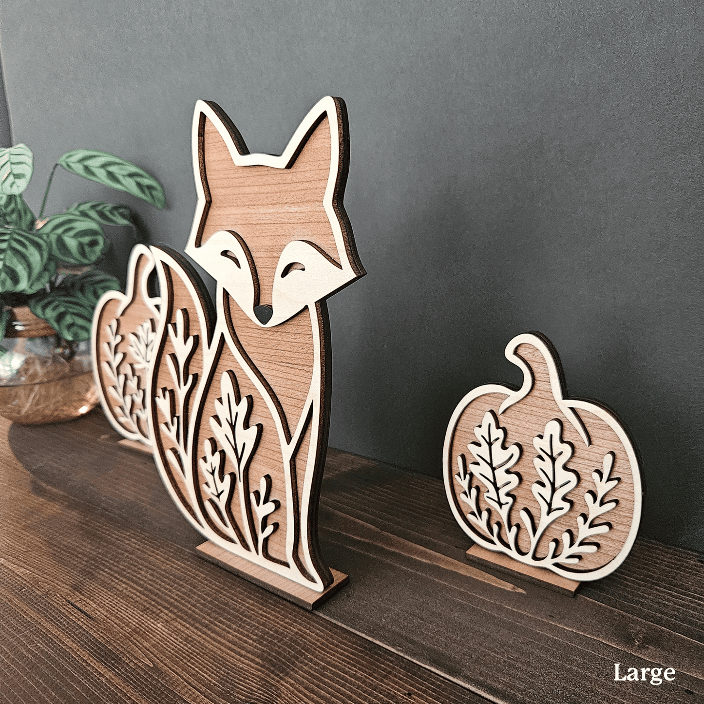 Wooden Fox & Pumpkin Trio – Mini & Large Rustic Woodland Shelf Sitters