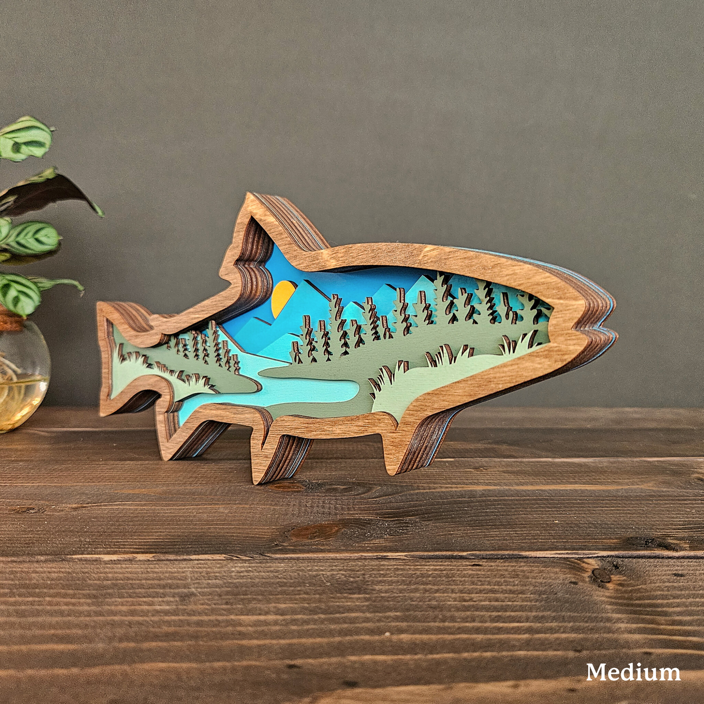 Layered Wood Fish Art With Mountains and Trees