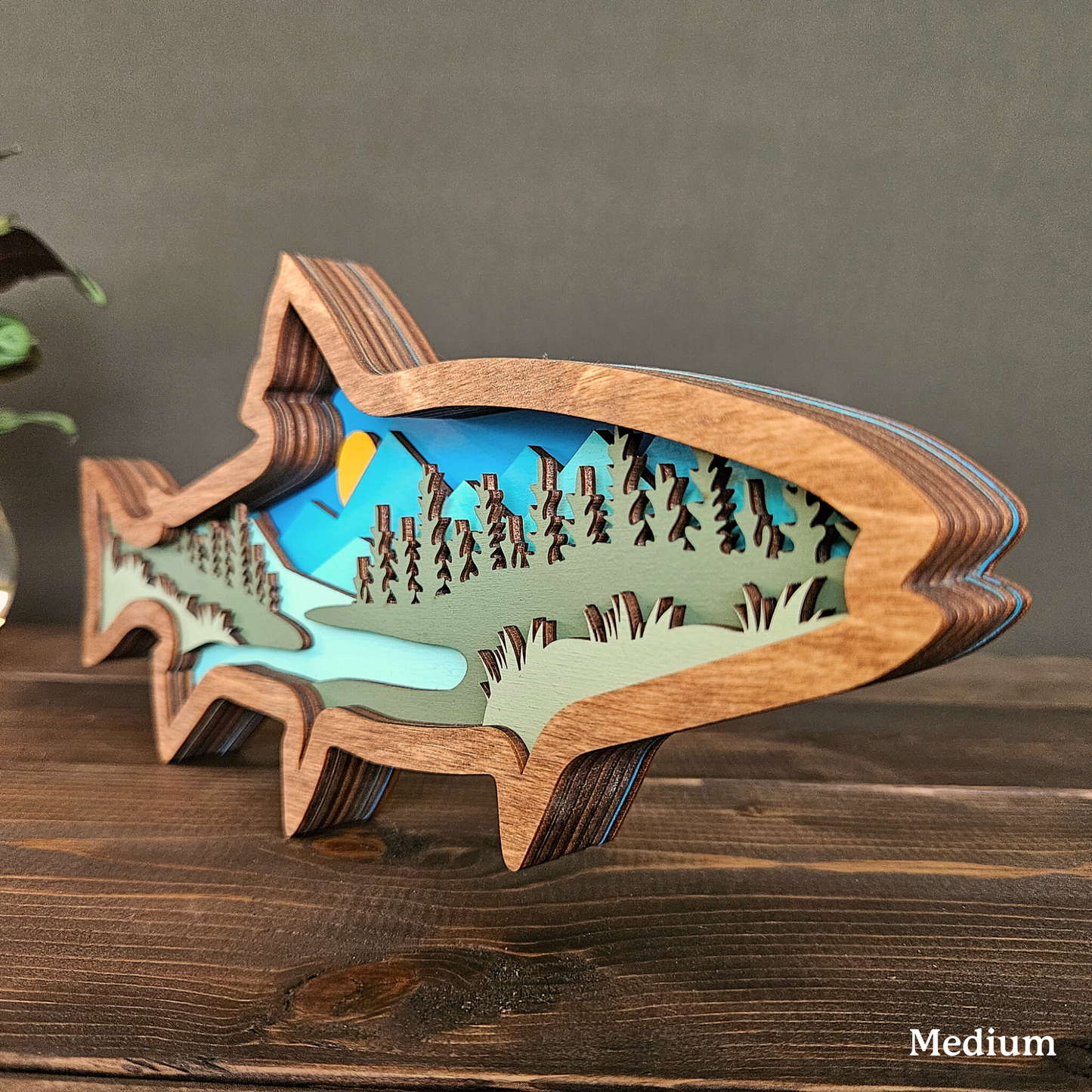 Layered Wood Fish Art With Mountains and Trees