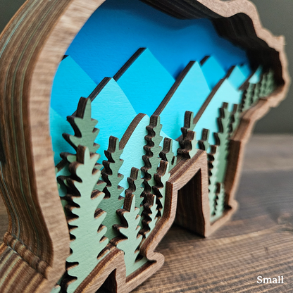 3D Layered Wood Grizzly Bear Art With Mountain and Forest Landscape