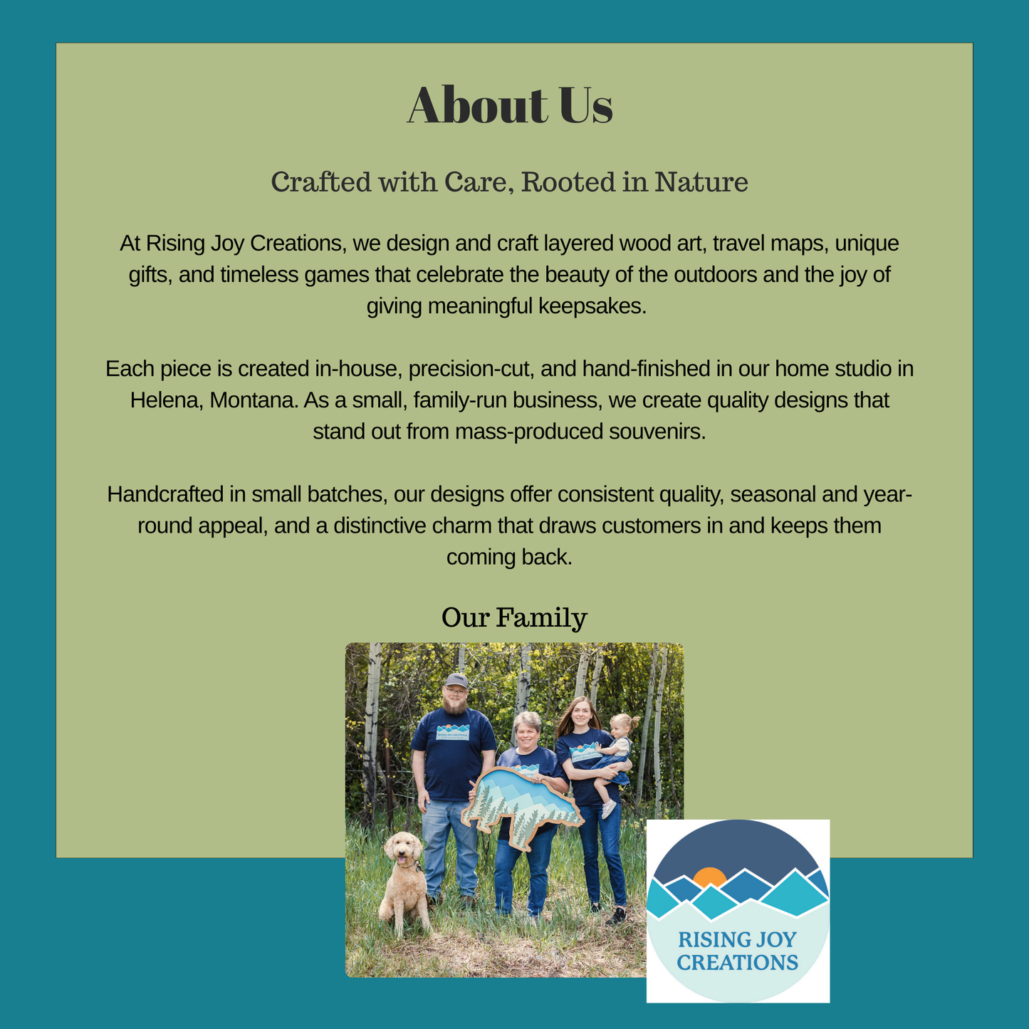 About Us section with text and family photo on a green background, featuring Rising Joy Creations logo.