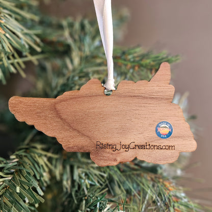 A wooden ornament shaped like the state of Texas hangs from a white ribbon on a green Christmas tree. The ornament has the text 'Rising Joy Creations.