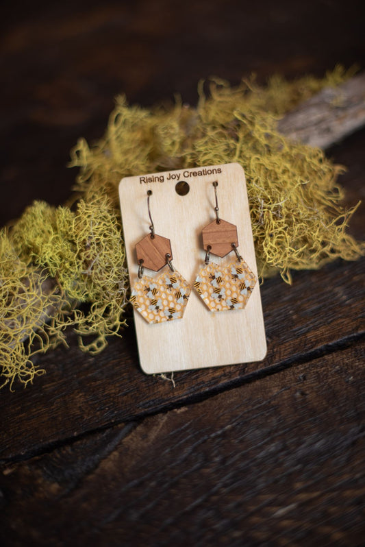 Bees & Honeycomb Acrylic & Wood Hexagon Dangle Earrings