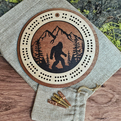 Bigfoot Engraved Mini Circle Travel Cribbage Board