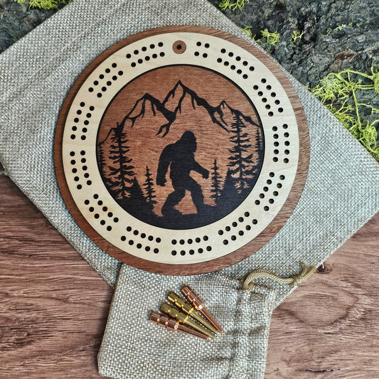 Bigfoot Engraved Mini Circle Travel Cribbage Board