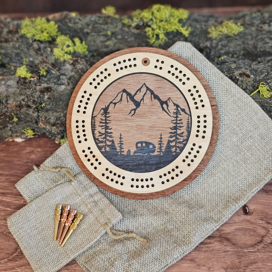 Camping Scene Mini Circle Cribbage Board