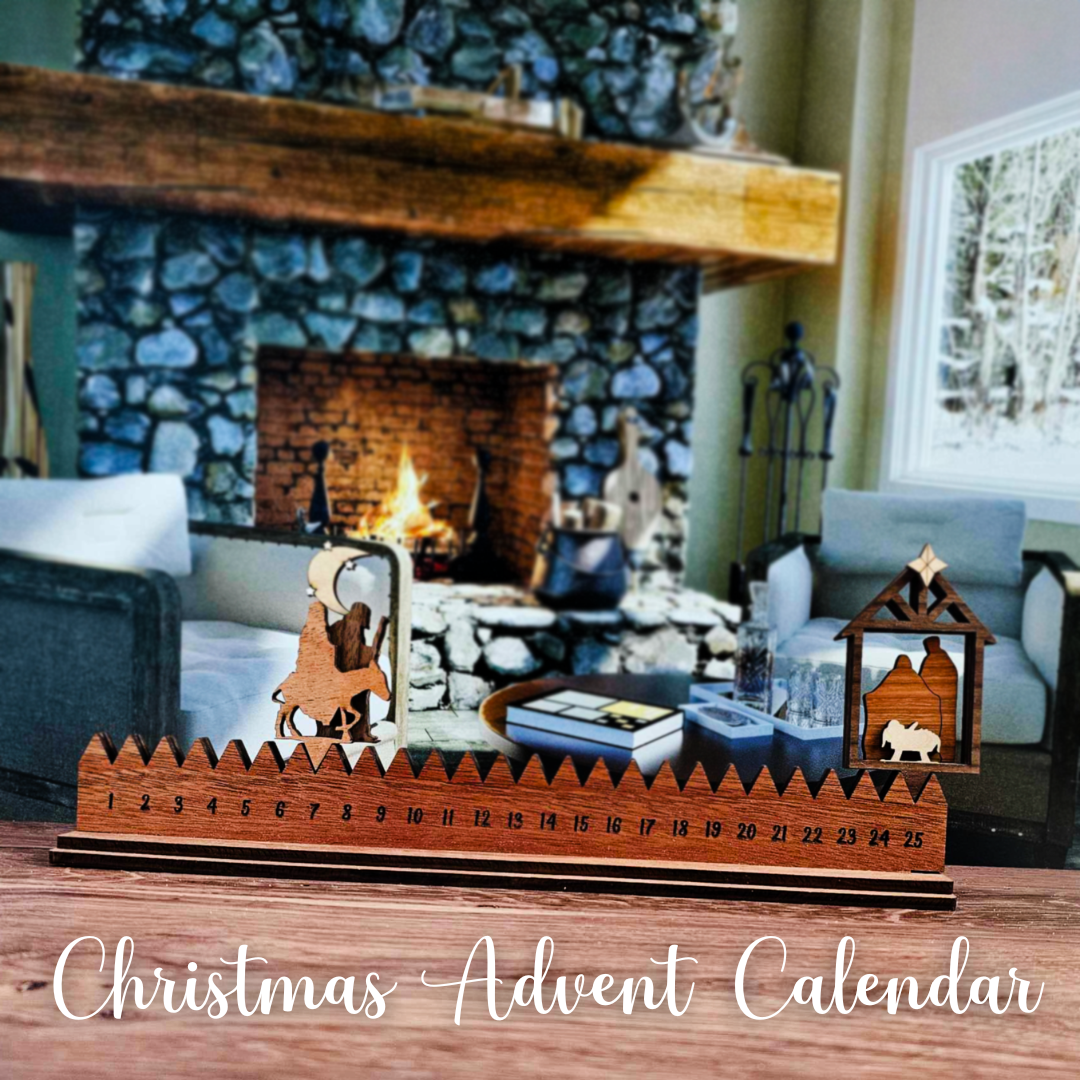 Wooden Christmas advent calendar on a table with a fireplace and living room in the background.