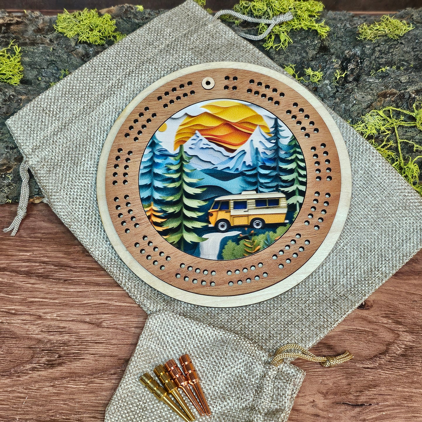 Colorful Camper Design Mini Circle Cribbage Board