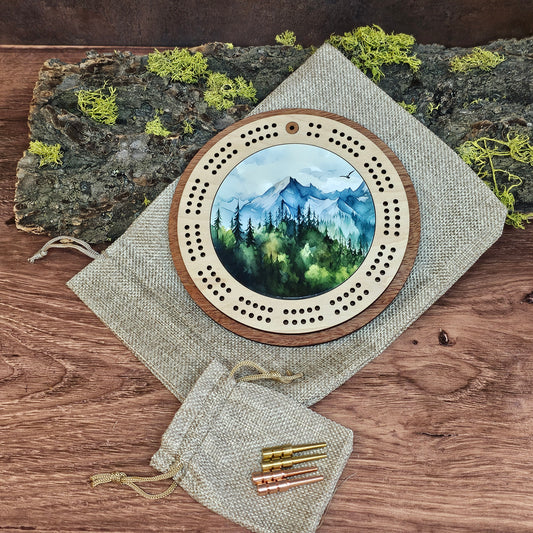 Watercolor Mountain Scene Mini Circle Cribbage Board