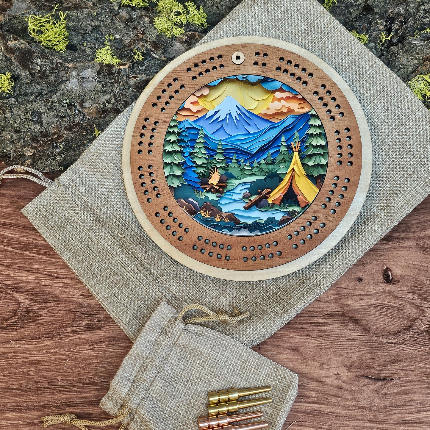 Colorful Tent Design Mini Circle Cribbage Board