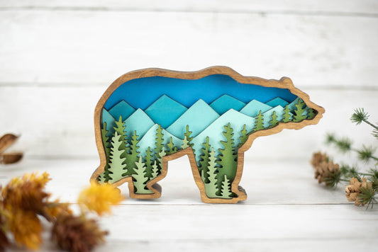 3D Wood Grizzly Bear Art With Mountain and Forest Landscape-Wholesale