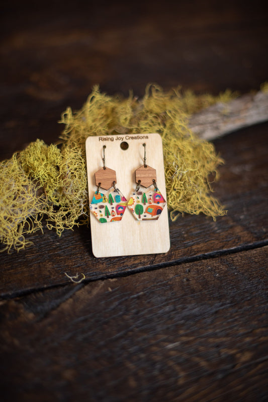 Camping Acrylic & Wood Hexagon Dangle Earrings
