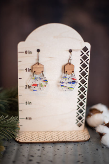 Fishing Lure Acrylic & Wood Hexagon Dangle Earrings