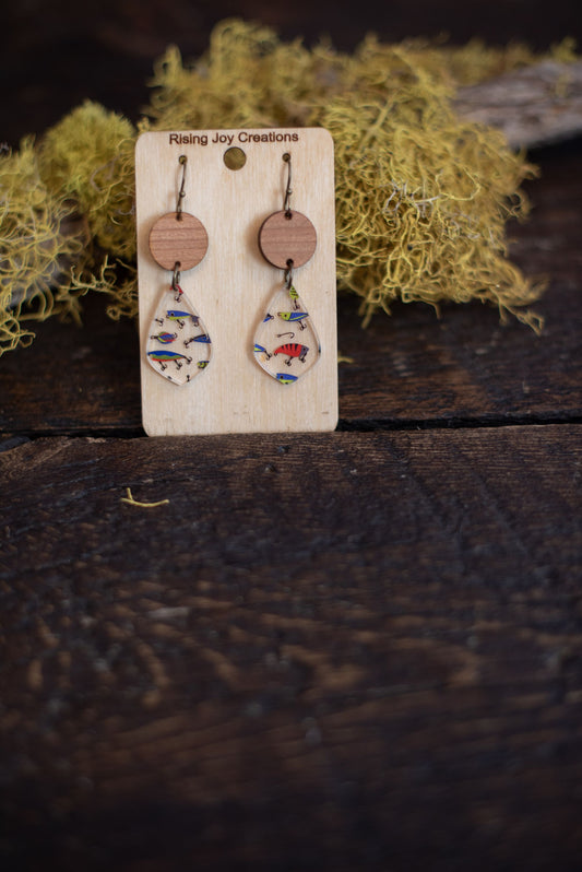 Fishing Lure Pattern Acrylic & Wood Teardrop Dangle Earrings