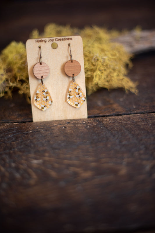 Bees & Honeycomb Pattern Acrylic & Wood Teardrop Dangle Earrings