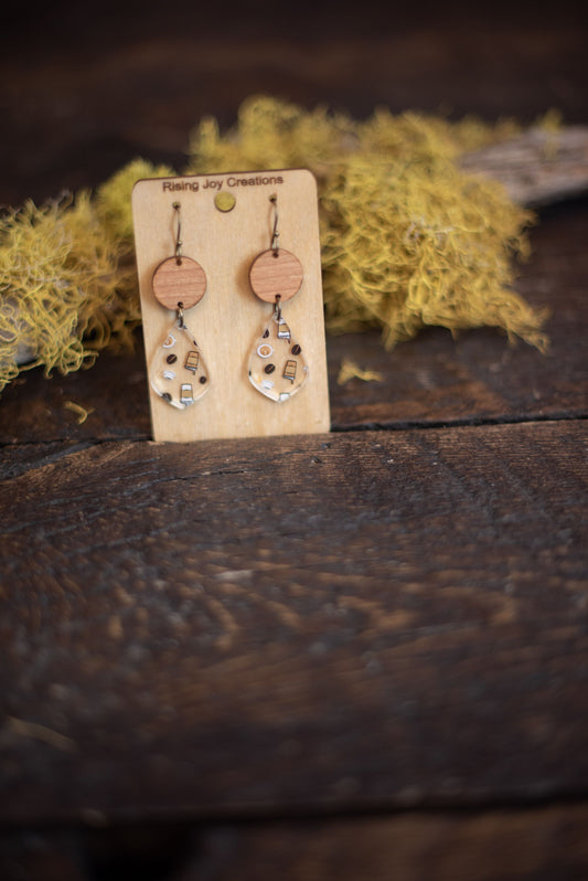 Coffee Pattern Acrylic & Wood Teardrop Dangle Earrings