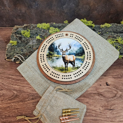 Deer in Forest Design Mini Circle Cribbage Board