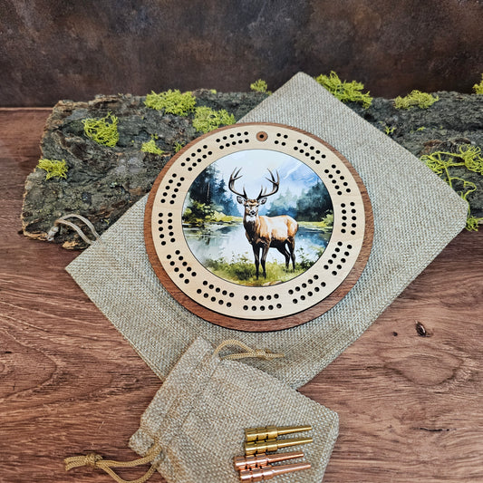Deer in Forest Design Mini Circle Cribbage Board