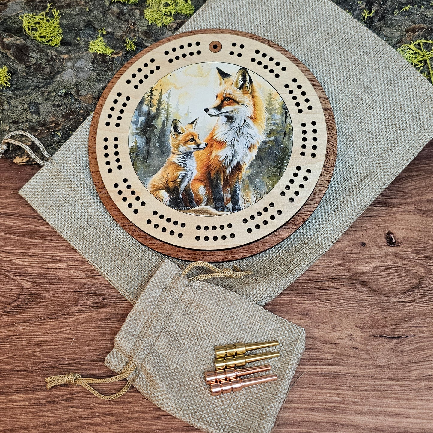 Colorful Fox and Kit Scene Mini Circle Cribbage Board