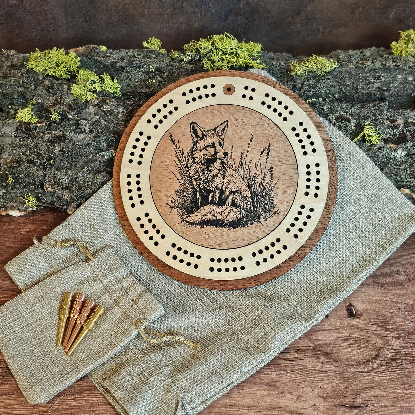 Fox Engraved Mini Circle Travel Cribbage Board