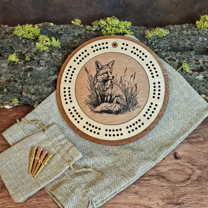 Fox Engraved Mini Circle Travel Cribbage Board