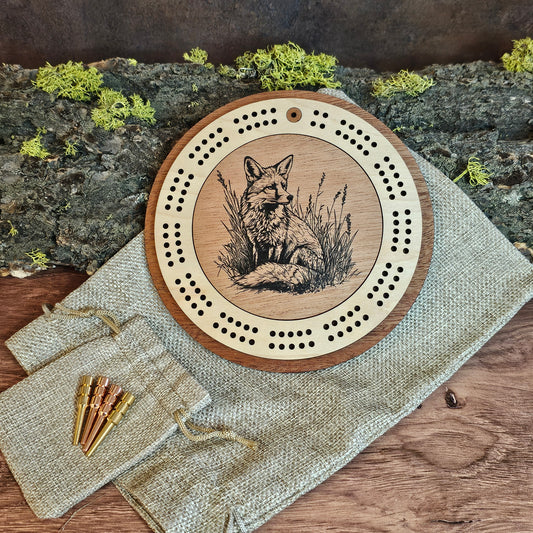Fox Engraved Mini Circle Travel Cribbage Board