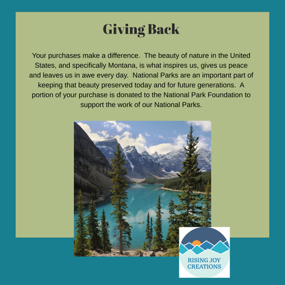 Promotional graphic for Rising Joy Creations with a scenic mountain lake and text about supporting national parks.