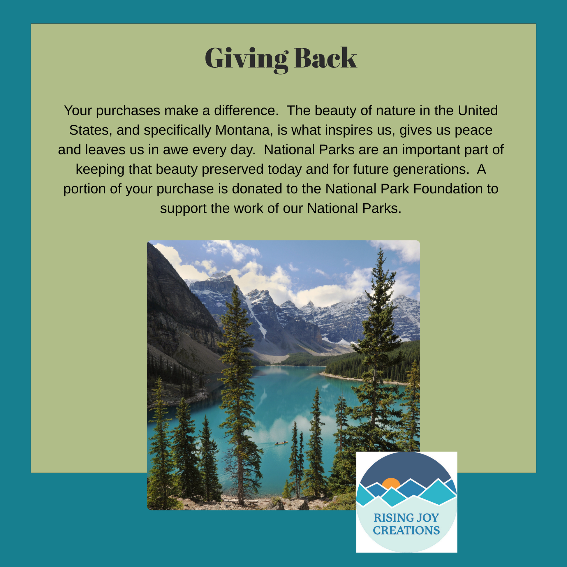 Giving Back Program for Rising Joy Creations with a scenic view of a lake and mountains, and text about supporting national parks.