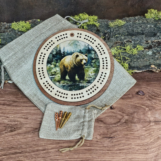 Grizzly Bear Design Mini Circle Cribbage Board