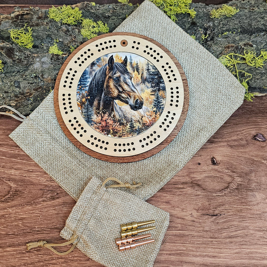 Colorful Horse Scene Mini Circle Cribbage Board