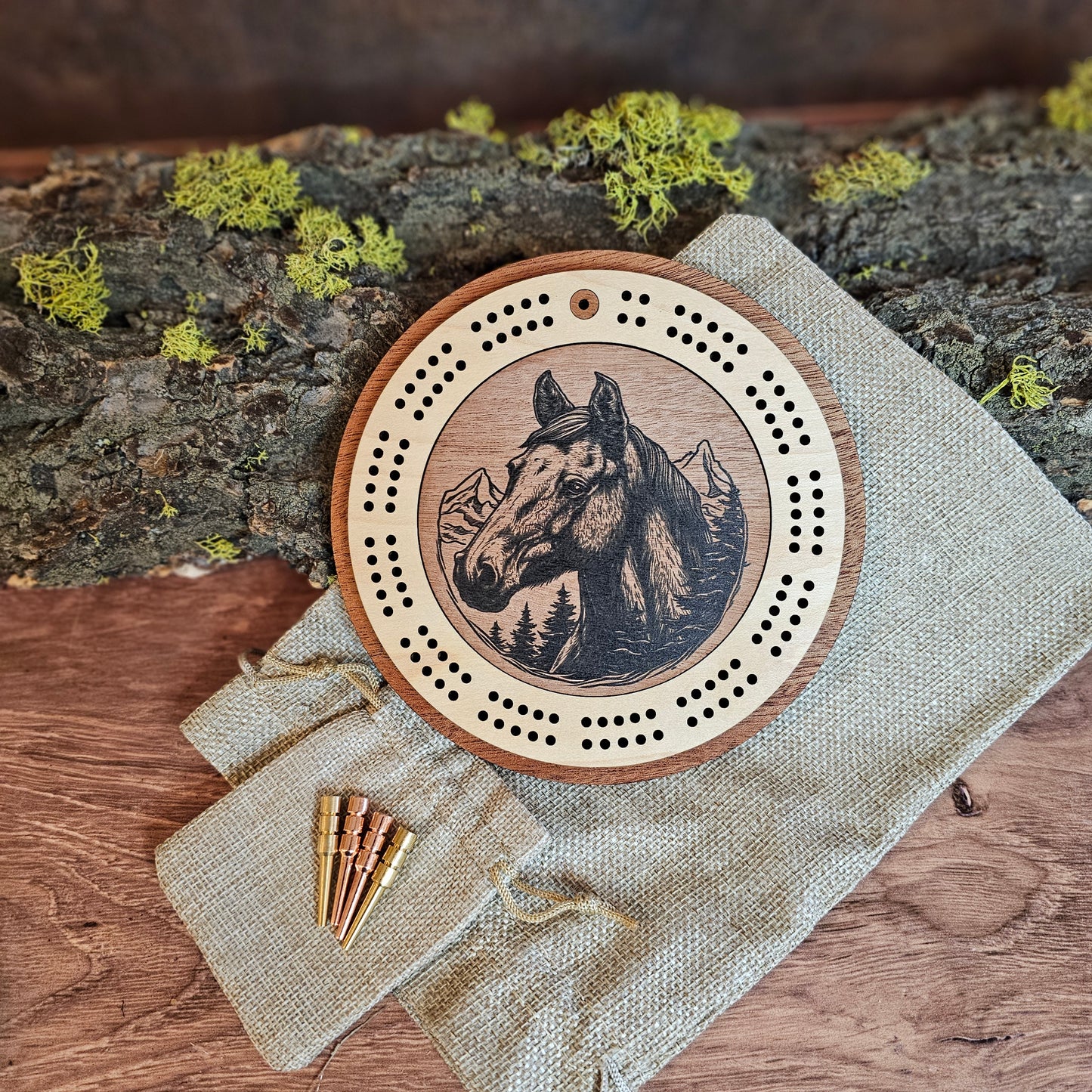 Wild Horse Engraved Mini Circle Travel Cribbage Board