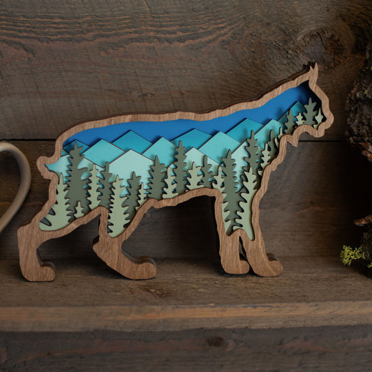 3D Bobcat Art with Mountains and Trees
