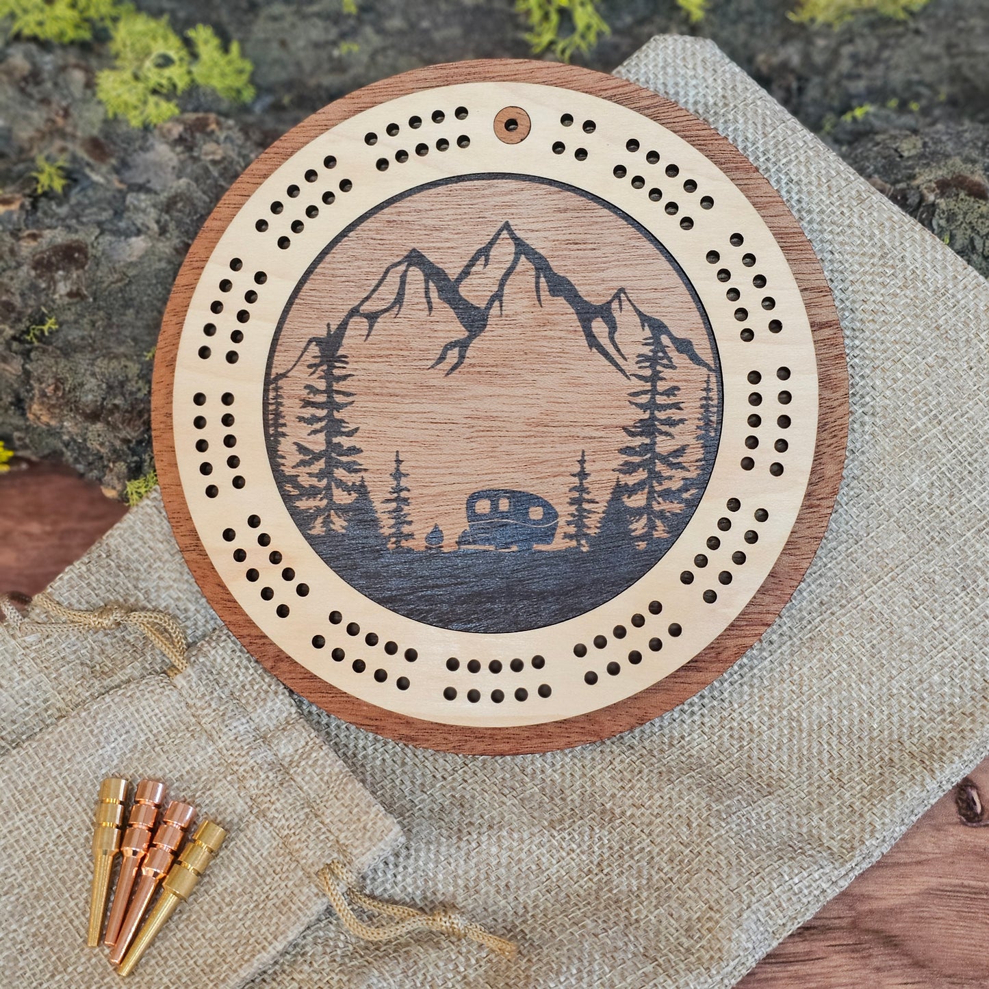 Camping Scene Mini Circle Cribbage Board