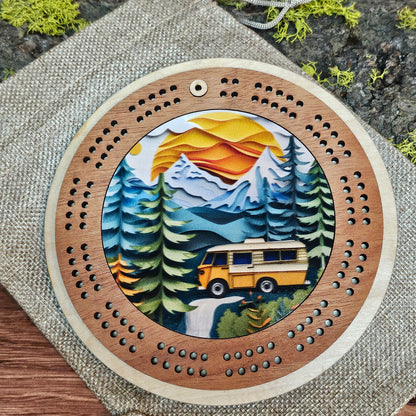 Colorful Camper Design Mini Circle Cribbage Board