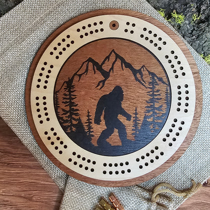 Bigfoot Engraved Mini Circle Travel Cribbage Board
