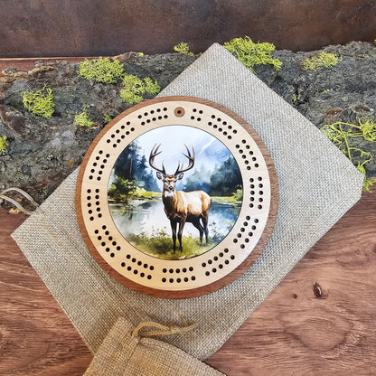 Deer in Forest Design Mini Circle Cribbage Board