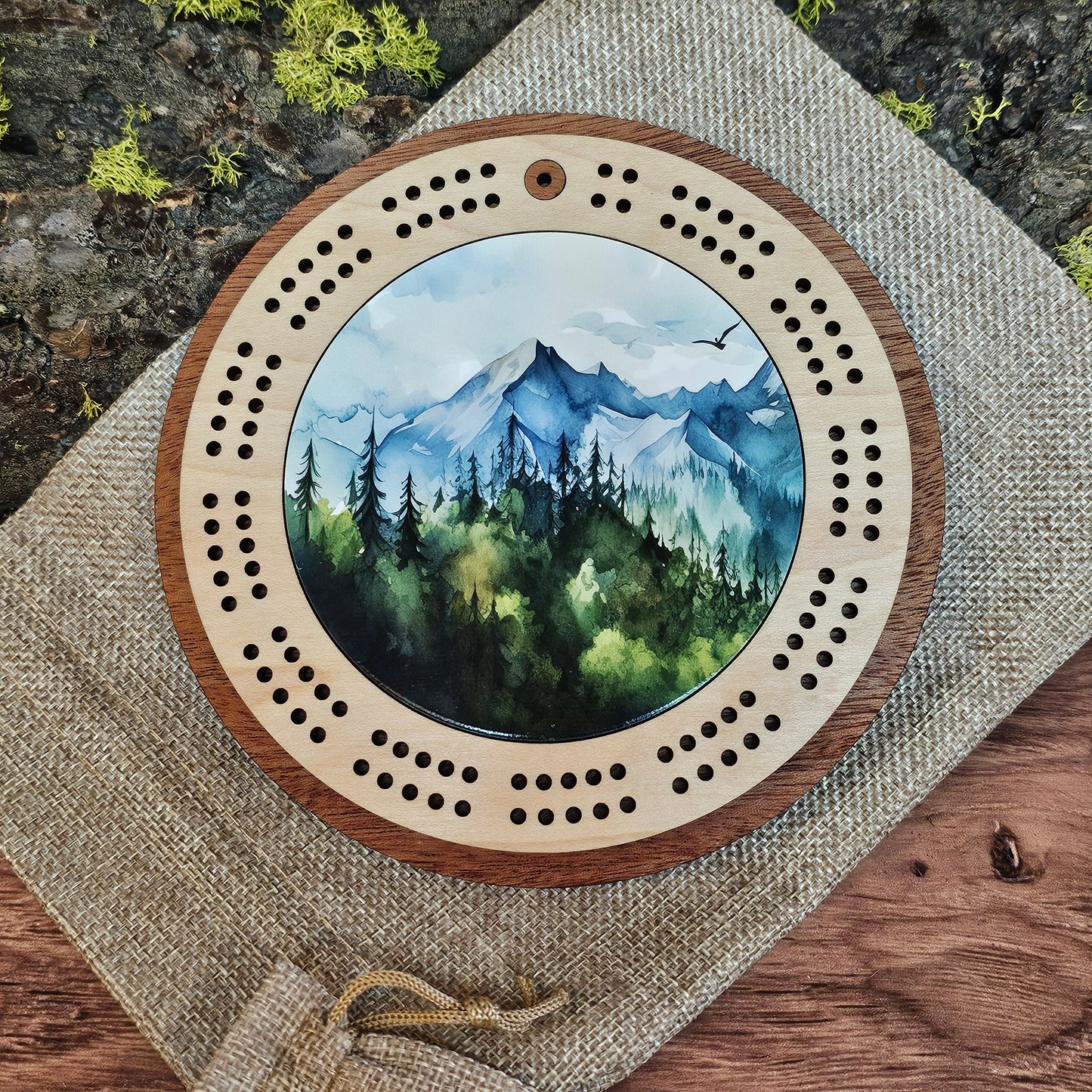 Watercolor Mountain Scene Mini Circle Cribbage Board