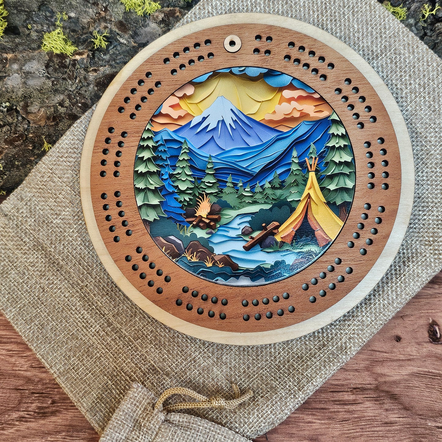 Colorful Tent Design Mini Circle Cribbage Board