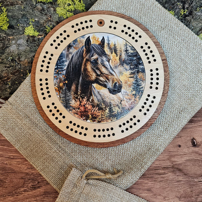 Colorful Horse Scene Mini Circle Cribbage Board