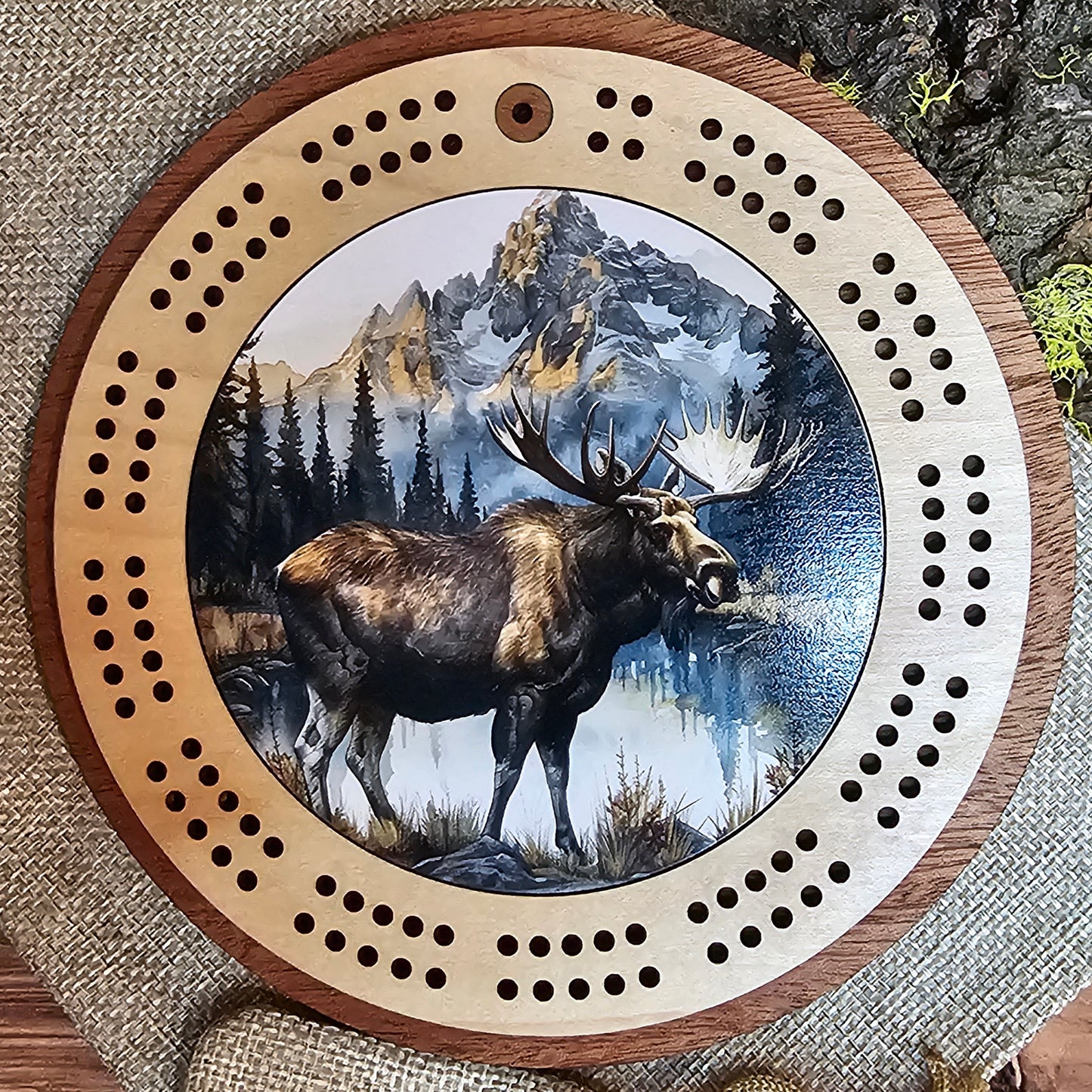 Moose Design Mini Circle Cribbage Board