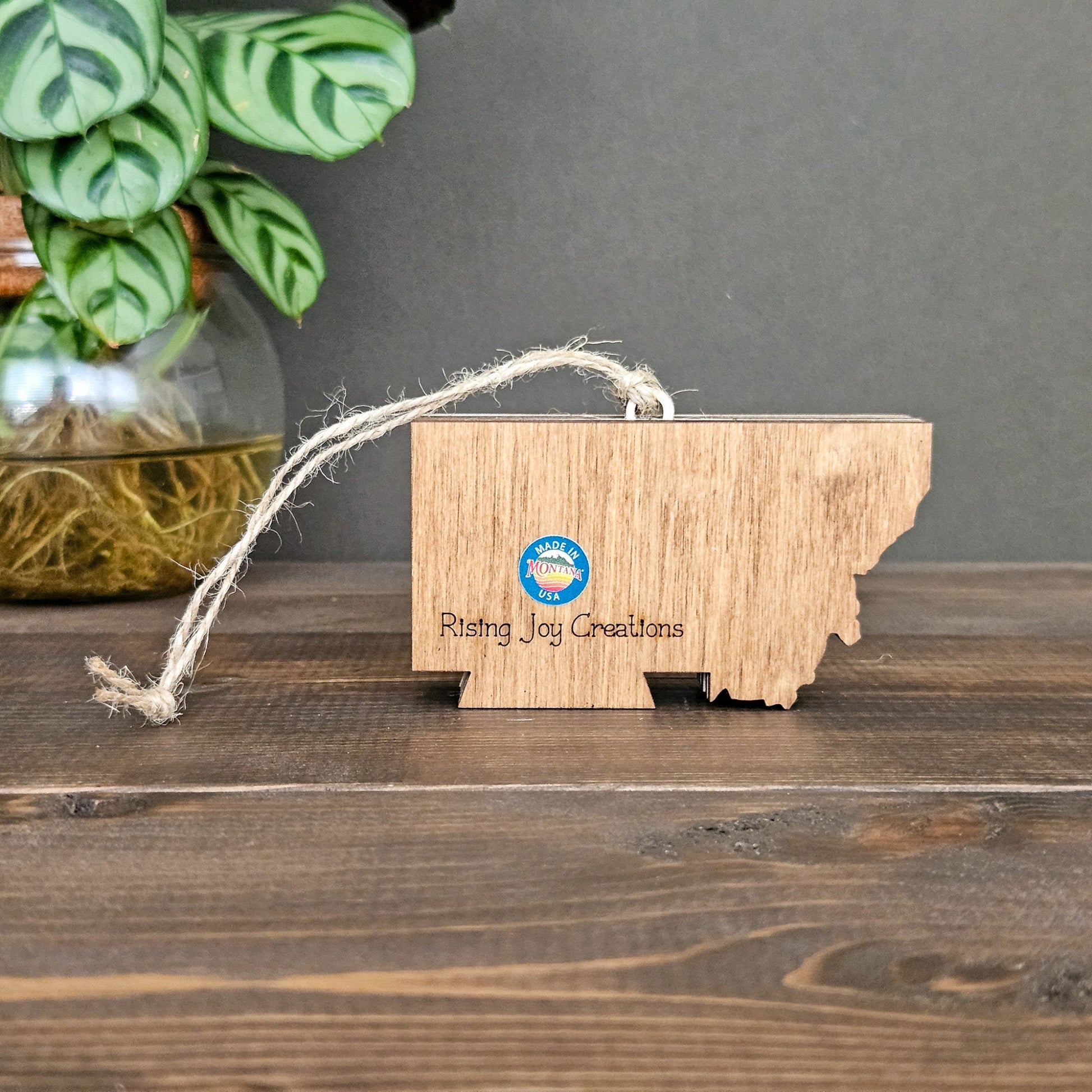 Wooden ornament shaped like a state with 'Rising Joy Creations' branding on a wooden surface.