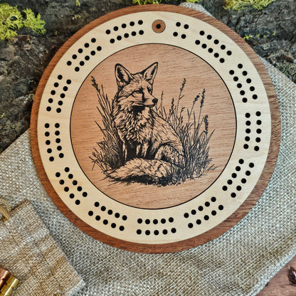 Fox Engraved Mini Circle Travel Cribbage Board