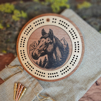 Wild Horse Engraved Mini Circle Travel Cribbage Board