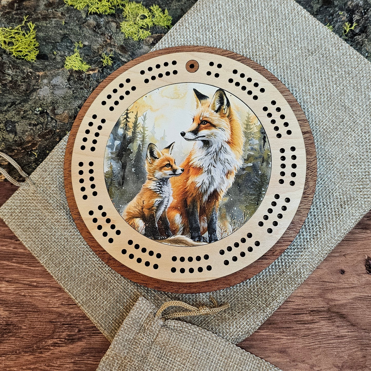 Colorful Fox and Kit Scene Mini Circle Cribbage Board
