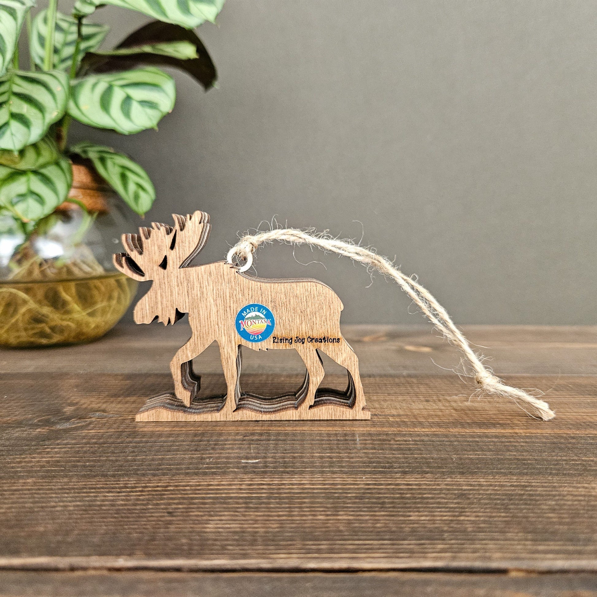 Wooden moose ornament with a string on a wooden surface with a plant in the background
