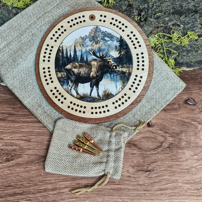 Moose Design Mini Circle Cribbage Board